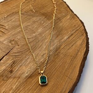 Gold Chain Necklace with Emerald Green Pendant - Women Jewelry